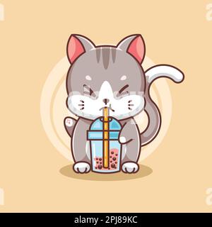 Happy cat drinking bubble milk tea Stock Vector