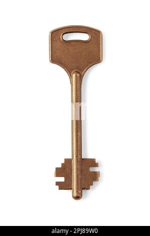 Bronze door key closeup isolated on white background Stock Photo
