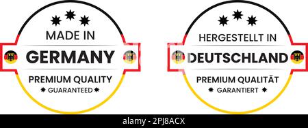 Made in Germany round labels in English and in German languages . Premium Quality mark vector icon. Perfect for  tags, badges, stickers   etc. Stock Vector