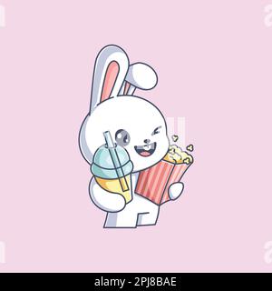Cute bunny with popcorn and drink cartoon Stock Vector