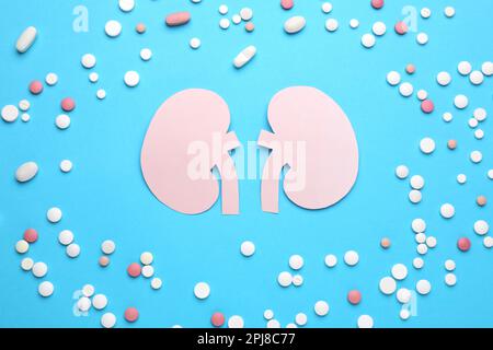 Paper cutout of kidneys and pills on light blue background, flat lay Stock Photo