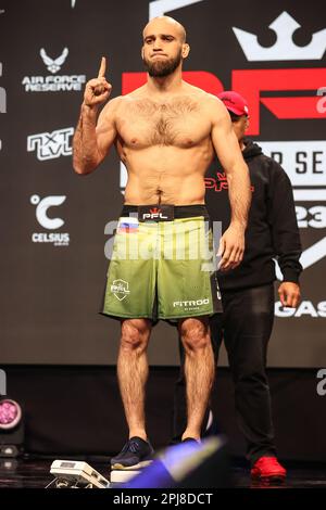 Las Vegas, NV, USA. 31st Mar, 2023. Featherweight Movlid Khaybulaev on stage during the ceremonial weigh-ins at at The Theater inside the Virgin Hotel on March 31, 2023 in in Las Vegas, NV. Christopher Trim/CSM/Alamy Live News Stock Photo