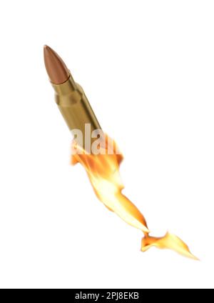 Bullet with flames flying on white background Stock Photo