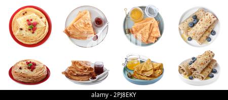 Set of delicious crepes with berries, jam and honey on white background. Banner design Stock Photo