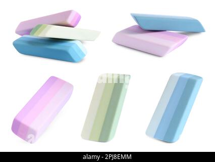 Collage of rubber erasers on white background Stock Photo