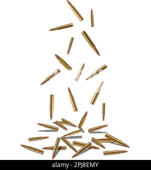 Many bullets falling on white background. Firearm ammunition Stock Photo