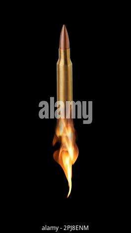 Bullet with flames flying on black background Stock Photo