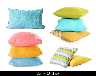 Set with different soft pillows on white background Stock Photo