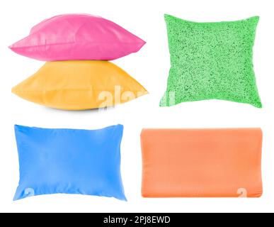 Set with different soft pillows on white background Stock Photo
