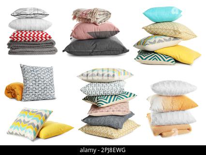 Set with different soft pillows on white background Stock Photo