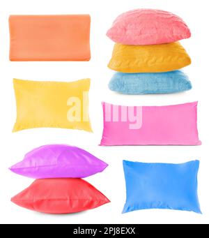 Set with different soft pillows on white background Stock Photo