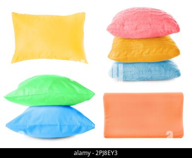 Set with different soft pillows on white background Stock Photo