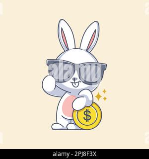 Cute bunny wearing glasses and leaning on a coin Stock Vector