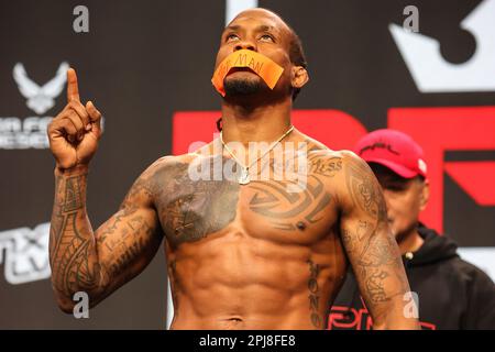 Las Vegas, NV, USA. 31st Mar, 2023. Featherweight Bubba Jenkins on stage during the ceremonial weigh-ins at at The Theater inside the Virgin Hotel on March 31, 2023 in in Las Vegas, NV. Christopher Trim/CSM/Alamy Live News Stock Photo