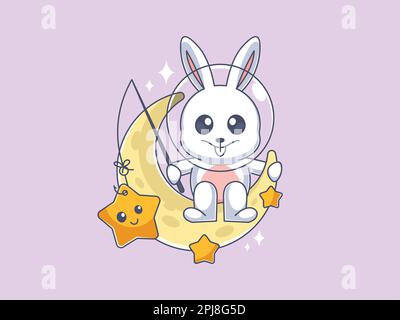 Cute bunny fishing for stars on the moon Stock Vector
