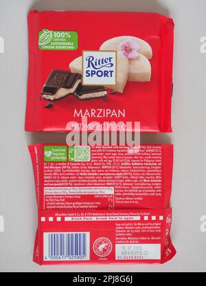 STUTTGARD, GERMANY - CIRCA MARCH 2023: Packet of Ritter Sport marzipan chocolate Stock Photo