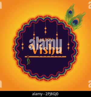 Happy Vishu Kani Hindu Festival Typography Mandala Graphic Resource with flute and peacock feathers. April 14 Vector Illustration. Website social post Stock Vector