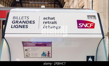 Bordeaux , Aquitaine  France - 03 31 2023 : sncf machine to purchase withdrawal and exchange of ticket train tickets in french station Stock Photo