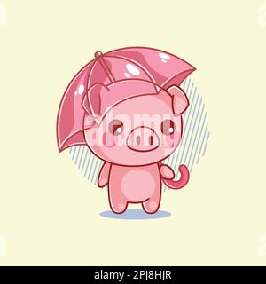 Cute pig with an umbrella in the rain cartoon Stock Vector