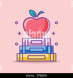 Cute apple on book stack cartoon Stock Vector