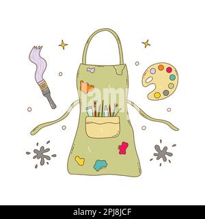 Artist apron. Pocket with brushes, pencils, paint tube. Around it blotches, stars, palette and brush stroke. Stains in different colors. Vector isolat Stock Vector