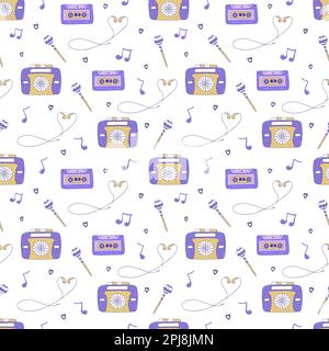Seamless pattern with vintage audio player, headphones and cassette, lollipop on stick and musical notes. Colorful vector illustration hand drawn dood Stock Vector