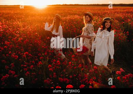 Funny girls in dresses and hats in a poppy field at sunset Stock Photo ...