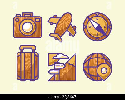 Travel element collection with wood design Stock Vector