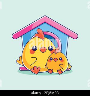Cute hen with chick cartoon Stock Vector
