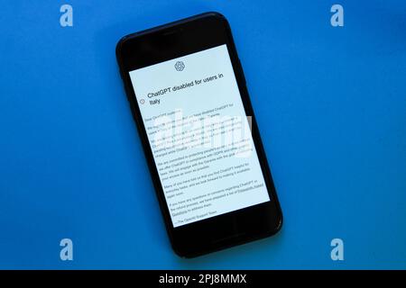 MILAN, ITALY - April 1: The announcement that ChatGPT by OpenAI has been disabled for all Italian users by Italian Garante is seen on a smartphone screen in Milan, Italy on April 1, 2023 Credit: Piero Cruciatti/Alamy Live News Stock Photo