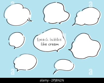 Line drawing speech balloons shaped like cream with white painted background. Hand-drawn loose fashionable speech bubble written with a pen. Stock Vector