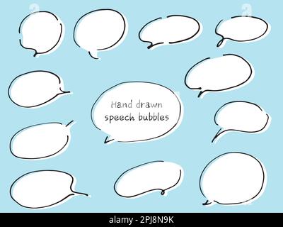 Oval line drawing speech balloons with gaps and white painted background. Hand-drawn loose fashionable speech bubble written with a pen. Stock Vector