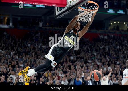 Belgrade. 31st Mar, 2023. Partizan's James Nunnally dunks during the regular season round 32 Euroleague basketball match between Partizan and Real Madrid in Belgrade, Serbia on March 31, 2023. Credit: Predrag Milosavljevic/Xinhua/Alamy Live News Stock Photo