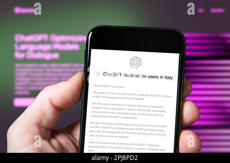 Chatgpt banned in Italy. OpenAI Chatgpt disabled for user in Italy. Italian user with smartphone on disabled ChatGPT website Stock Photo