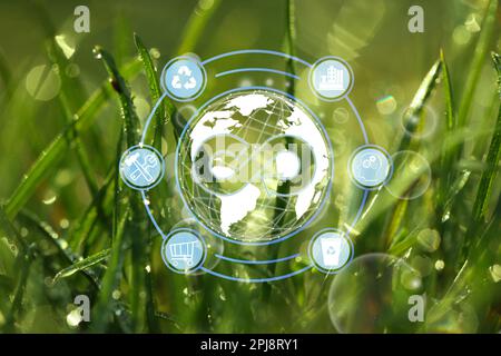 Circular economy concept. Green grass with dew and illustration of infinity symbol and different icons Stock Photo