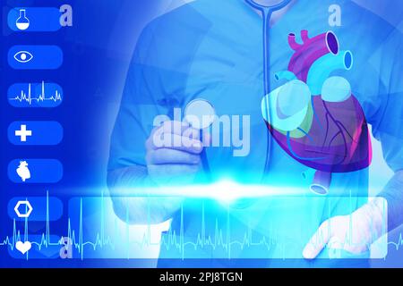 Closeup view of doctor with stethoscope and illustration of cardiological diagnostic app interface Stock Photo