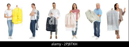 Collage with photos of people holding clothes on white background, banner design. Dry-cleaning service Stock Photo