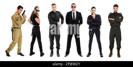 Collage of different professional security guards on white background. Banner design Stock Photo