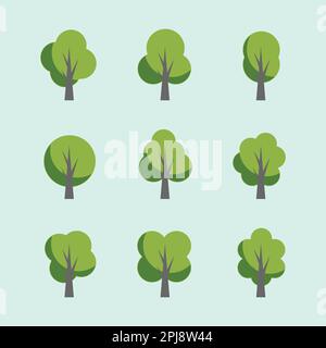 Set of nine flat trees in green tones Stock Vector