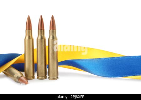 Ribbons in colors of national Ukrainian flag and bullets on white background Stock Photo