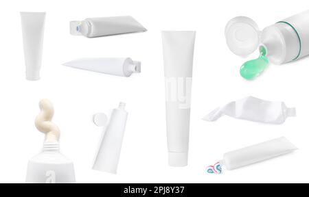 Collage with different toothpastes on white background Stock Photo