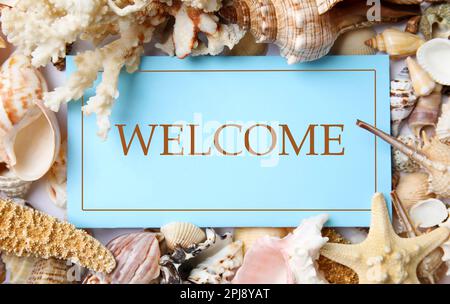 Different beautiful sea shells and card with word WELCOME, flat lay Stock Photo