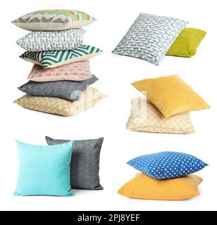 Set with different soft pillows on white background Stock Photo