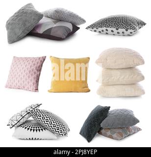 Set with different soft pillows on white background Stock Photo