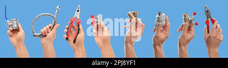 Collage with photos of men holding different plumbing tools on light blue background. Banner design Stock Photo