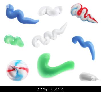 Set with smears of toothpaste on white background, top view. Banner ...