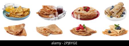 Set of delicious crepes with berries, jam and honey on white background. Banner design Stock Photo