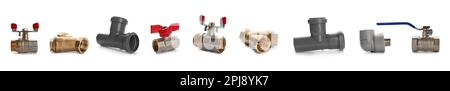 Set of different fittings and valves on white background, banner design. Plumbing supplies Stock Photo