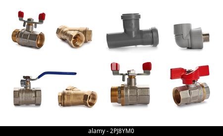 Set of fittings and valves on white background. Plumbing supplies Stock Photo