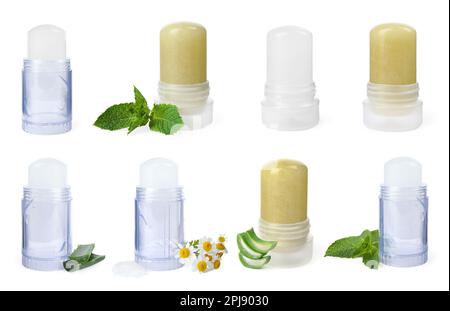 Set with different natural crystal alum deodorants on white background Stock Photo